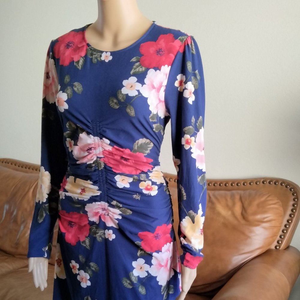 DEREK HEART Bavy Blue Ruched Floral Dress Size L